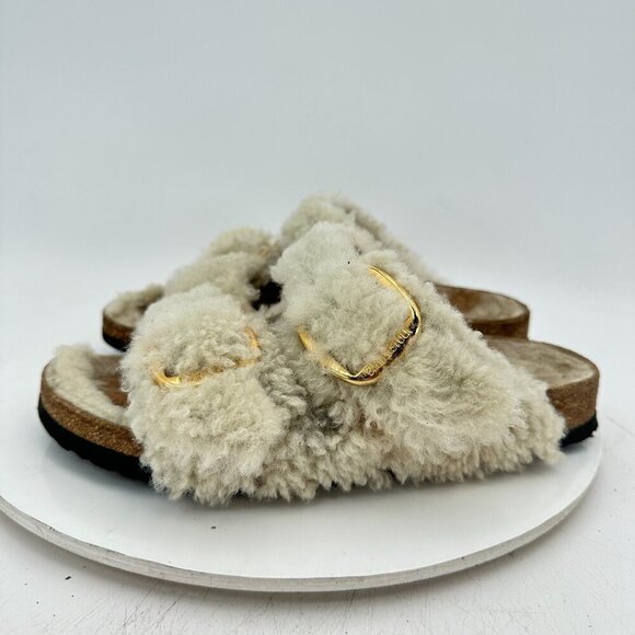 Birkenstock Shoes - Birkenstock Arizona Women Size 8 Brown Leather Fur Slide Buckle Comfort Sandal